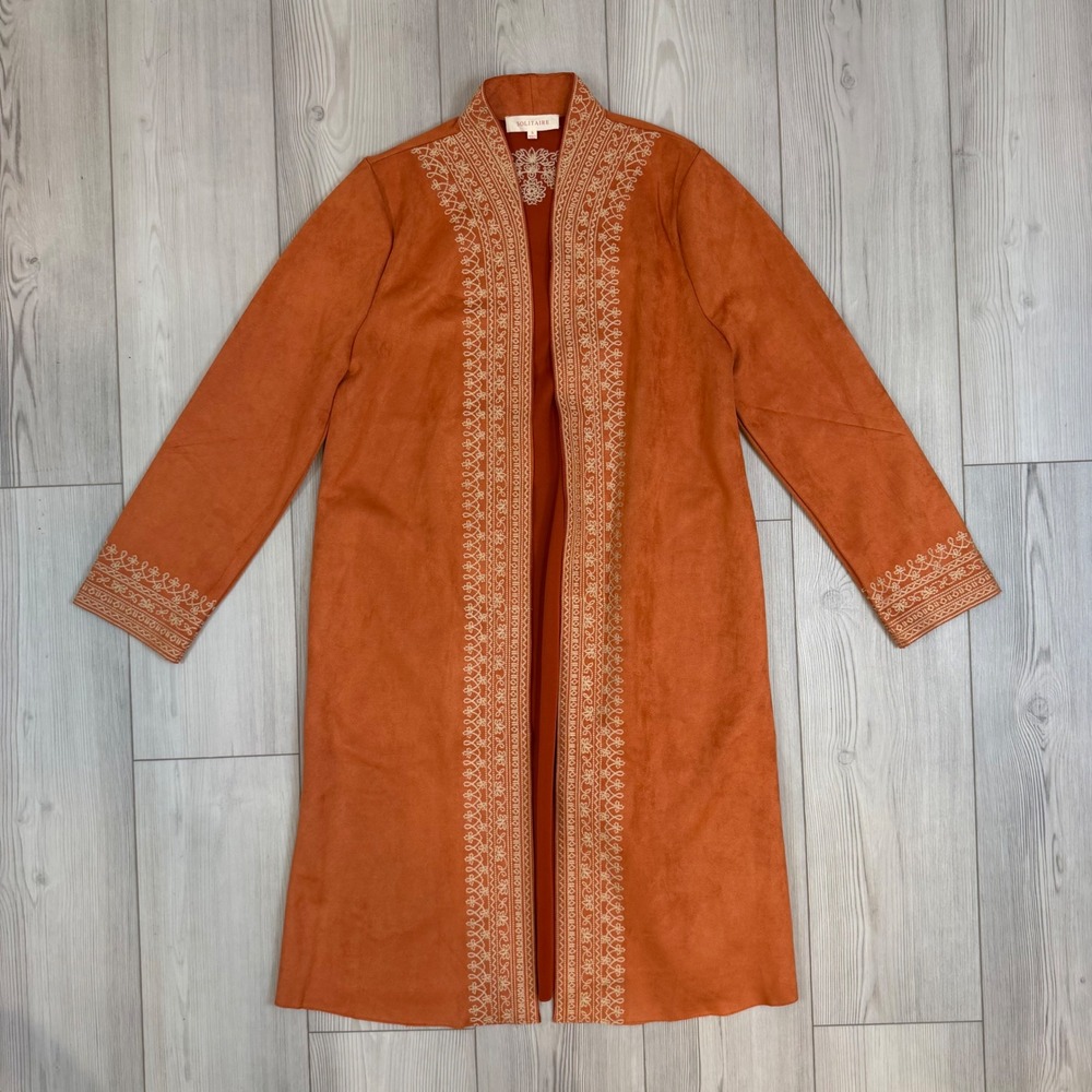 Solitaire Womens Burnt Orange Faux Suede Embroidered Open Front Duster Jacket S